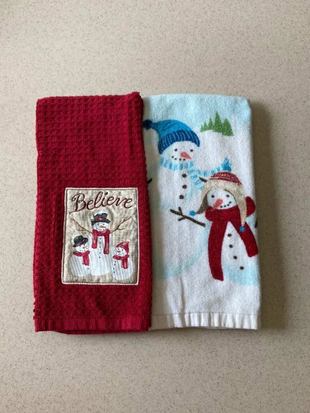St. Nicholas Square Dish Towels 4 Pc. Snowmen Believe